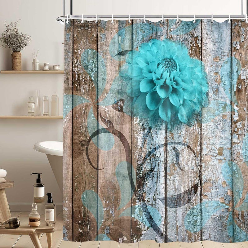 JAWO Farmhouse Flower Floral Shower Curtain, Rustic Teal Turquoise Dahlia Shower Curtain Set, Country Blue Wild Garden Plant Fabric Shower Curtain with Hooks, Surreal Bathroom Curtain, 69x70inch - Image 4